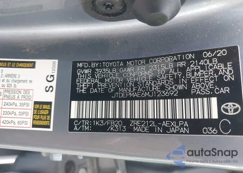 2021 Toyota Corolla Le из США, поврежденный, VIN JTDEPMAE6MJ123692